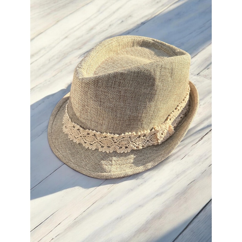 Boho Fedora Hat Tan Beige Trilby Woven Lace Band Neutral Academia Rustic Coastal